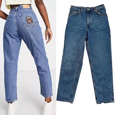 Monki Embroidery Jeans Organic Cotton Balloon Leg High Rise Pant Streetwear Sz26