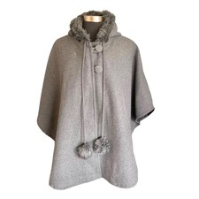 Jennyfer J. Gray Cape Hooded Size Medium Faux Fur Trim Covered Buttons