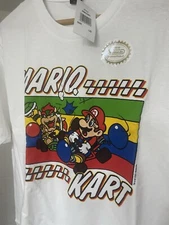 New Men Large Super Mario Kart  T-Shirt Bowser Classic Artwork Graphic Tee White