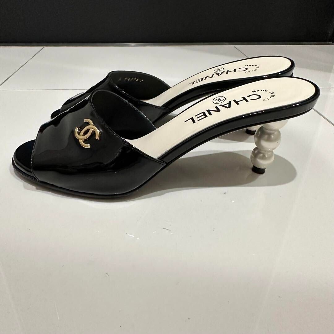 CHANEL COCO MARK Pearl Heel Sandals Mules Pumps Shoes Women CHANEL COCO MARK Pearl Heel Sandals Mules Pumps Shoes Women