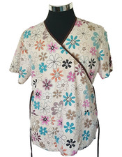 SB Scrubs Top Women's Size Medium Multicolor Floral/Beige Short Sleeves Ties