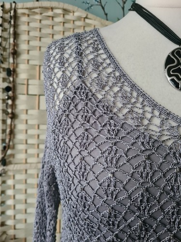 Size Large 14 16 18 PRECIS PETITE silver metallic glass beaded crochet top set - Picture 4 of 21