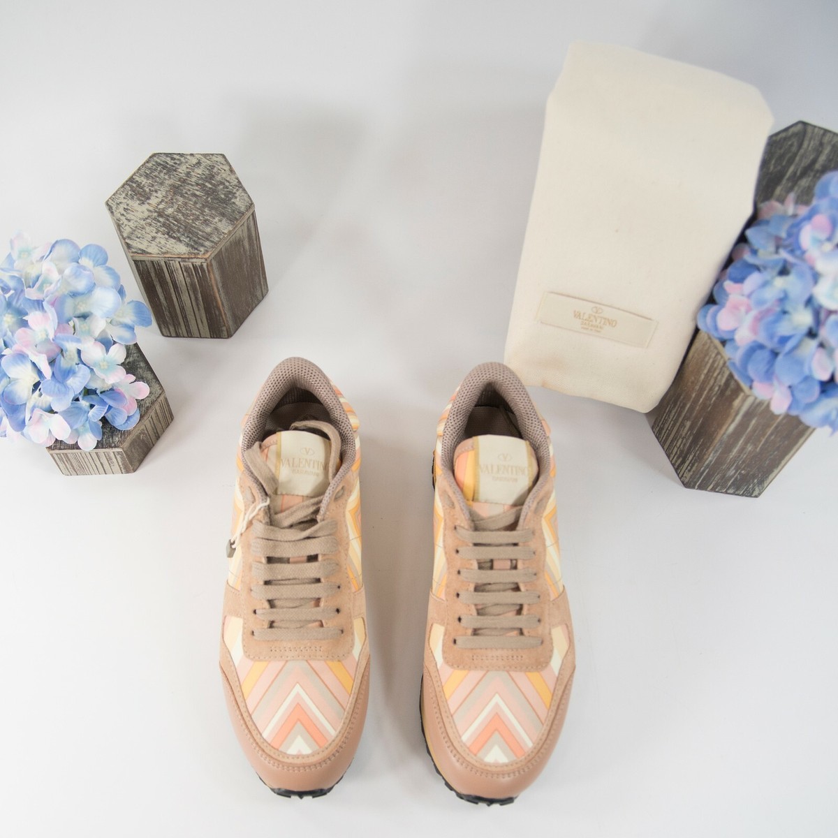 Valentino Orange Rockstud Nylon Suede Leather Diamond Trainer Sneaker 36 6 NIB