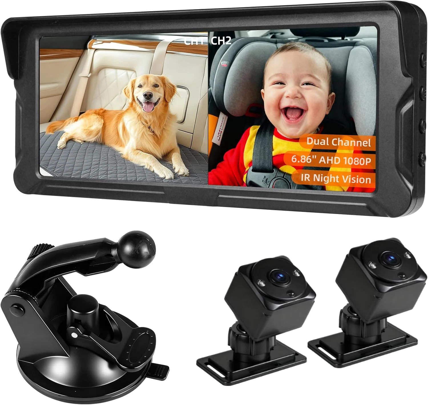 Dual Cam Baby Car Monitor 1080P Split-Screen for 2 Kids with Night Vision