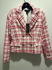 Rachel Zoe Pink White Plaid Tweed Blazer Jacket Double Breasted NWT Size S 79