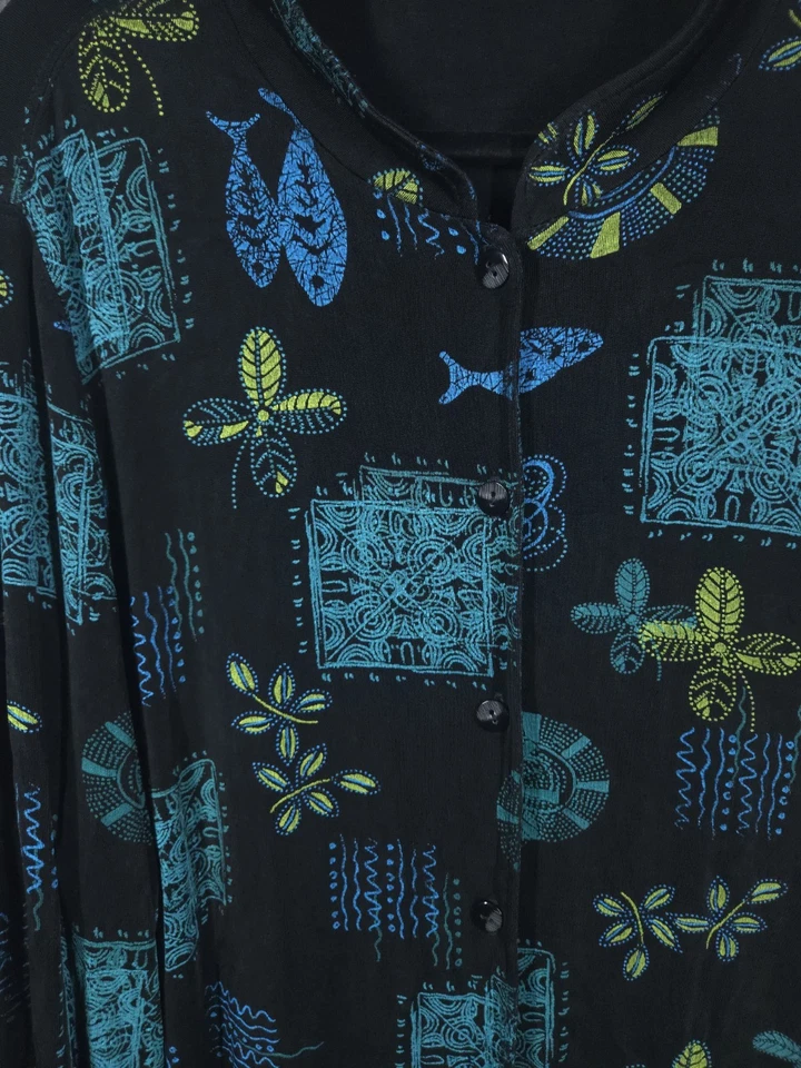 Vtg Vikki Vi Womens 2X Slinky Knit Blouse Black Fish Print Button Front 90s Y2K - Image 2 of 4