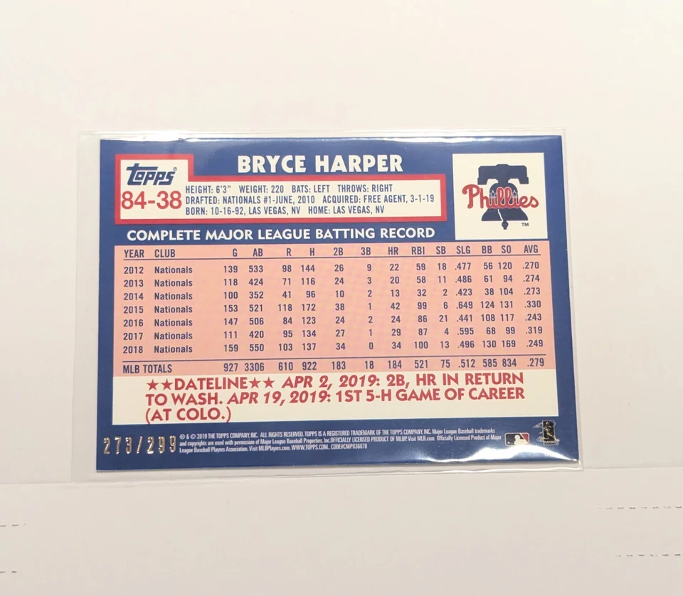 Bryce Harper 2019 Topps Update 1984 35th Anniversary Black /299 Phillies #84-38 - Image 3 of 4