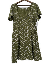 ABOUND Cottagecore Olive Green Daisy Print Dress Fit Flare Short Sleeve NWT XL