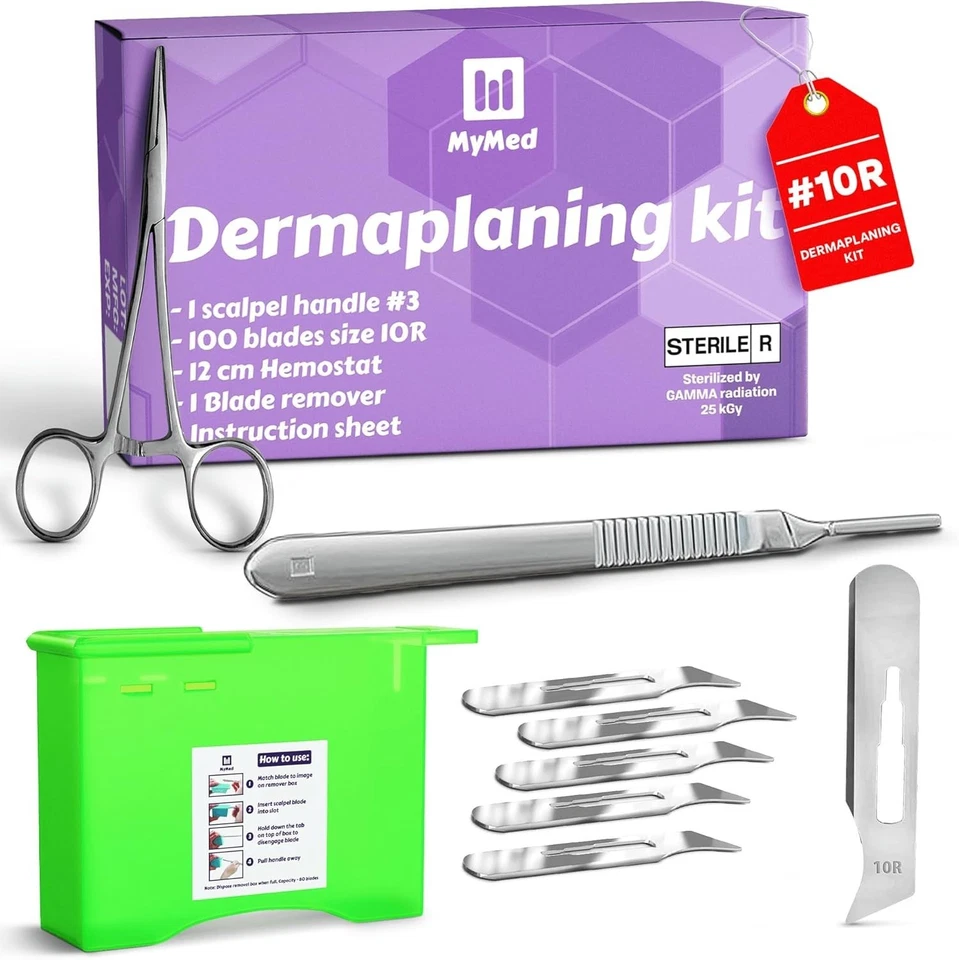 Kit completo de cuchillas afiladas de dermaplaning 10R con mango de acero inoxidable y hemostato Foto 3 de 4