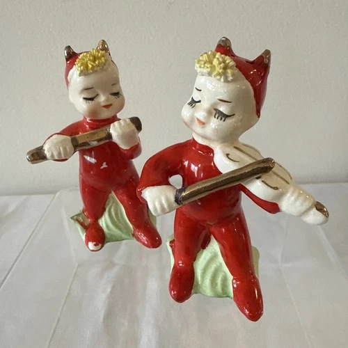 Vintage Little Red Devils Salt and Pepper Shakers Playing Violin and Flute MCM