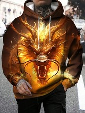 3D Fiery Golden Dragon Hoodie Mythical Flame Beast Graphic Pullover Sweatshirt