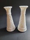 2 Vintage Anchor Hocking Milk Glass Stars and Bars 6 Inch Bud Vases