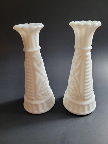 2 Vintage Anchor Hocking Milk Glass Stars and Bars 6 Inch Bud Vases