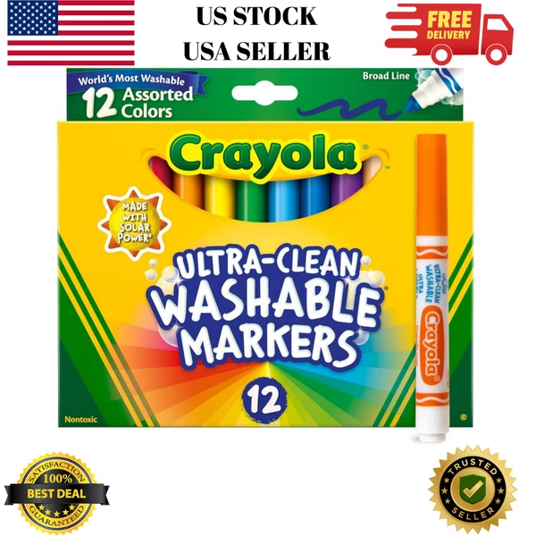 12 Pack Broad Line Markers Washable Multi Color Kids Drawing Art Supplies
