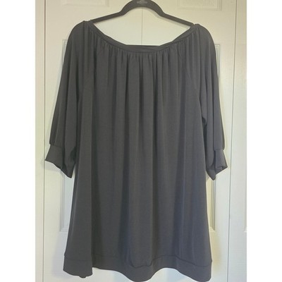 Worthington Stretch Black Gathered Neck Banded Sleeve Knit Top Plus Size