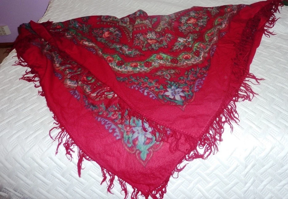 Mantón, Pavlovo Posad, lana, vintage, grande, cálido, mantel, flores, envoltura, Foto 3 de 4
