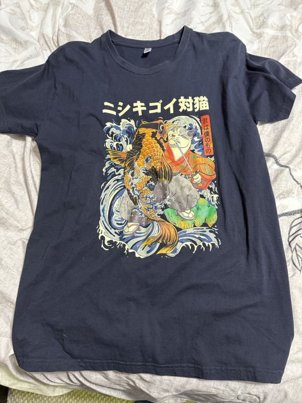 Pampling Japanese Cat Samurai Coy Fish Blue T-Shirt Adult Medium