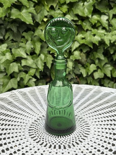 VTG MCM 9.5in Kosta Boda Erik Hoglund GREEN GLASS Person Face DECANTER BOTTLE