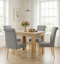 Dining Table Set, Oak Flip Top Extending Table with 4 Grey Roll Top Chairs