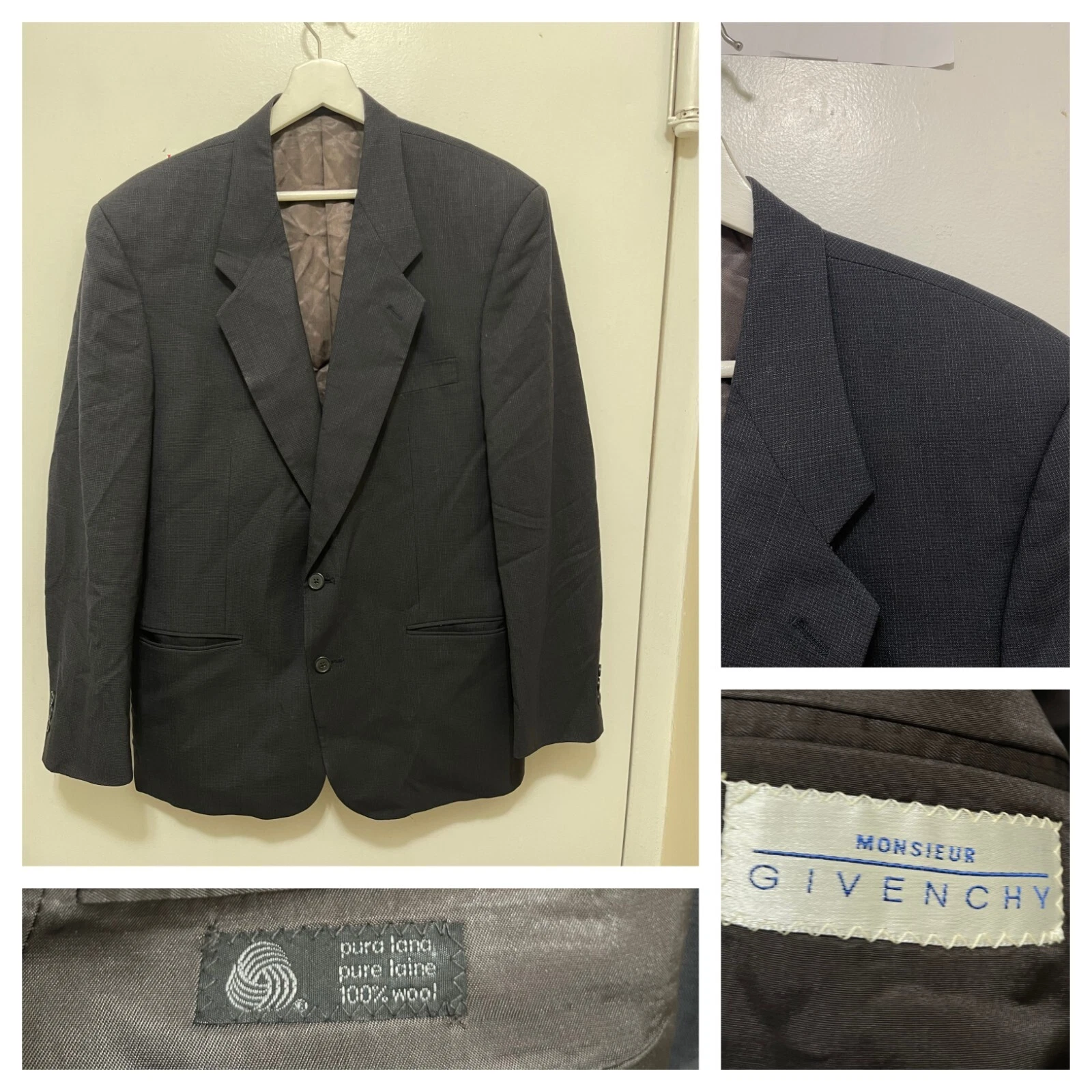 GIVENCHY Cappotto sportivo vintage Givechy Navy Wool Microchecks modello teste unghie ~ 40R made in USA