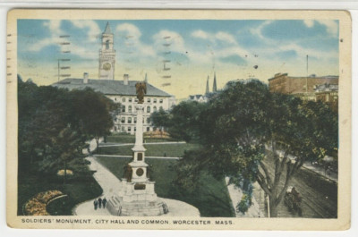 MA Postcard Soldiers Monument - City Hall & Common - Worcester 1918 vintage E15