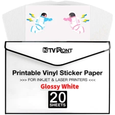 20 Sheets Glossy White Printable Vinyl Sticker Paper for Inkjet Printer 8.5x11"