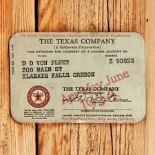 Vintage 1934 TEXACO Gas Oil Charge Account Paper Credit Card The Texas Company