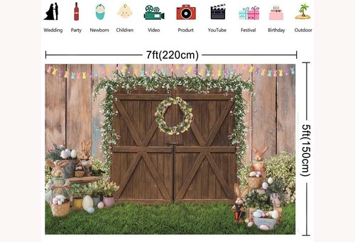 7x5ft Colored Wooden Easter Backdrop Green Plants Grasslands Rabbits Easter E... - Picture 4 of 6