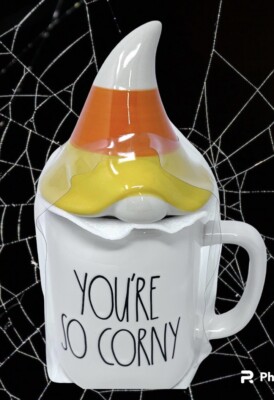 Rae Dunn You're So Corny Candy Corn Mug & Matching Topper Halloween Gnome