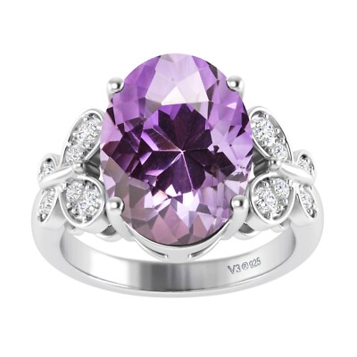 Verlobungsring 5,80 kt ovaler natürlicher Amethyst & Topas 14 kt Weißgold vergoldet 925
