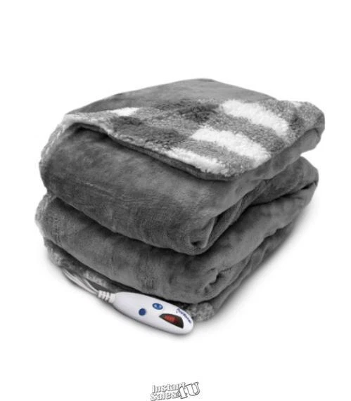 Pure Warmth Velour Sherpa Electric Heated Warming Throw Blanket Gray White Buff - Image 2 of 2