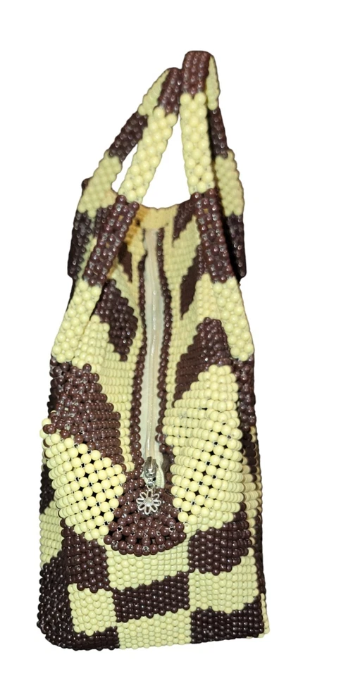 Винтажная РЕДКАЯ 1960-х годов женщин коричневый и желтый бисером шахматная доска Дамская сумка сумочка - Изображение 2 из 4