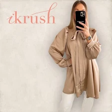 Ikrush Paris Womens Longline Gold Silky Satin Blouse, Bow Detail UK 14 NWT