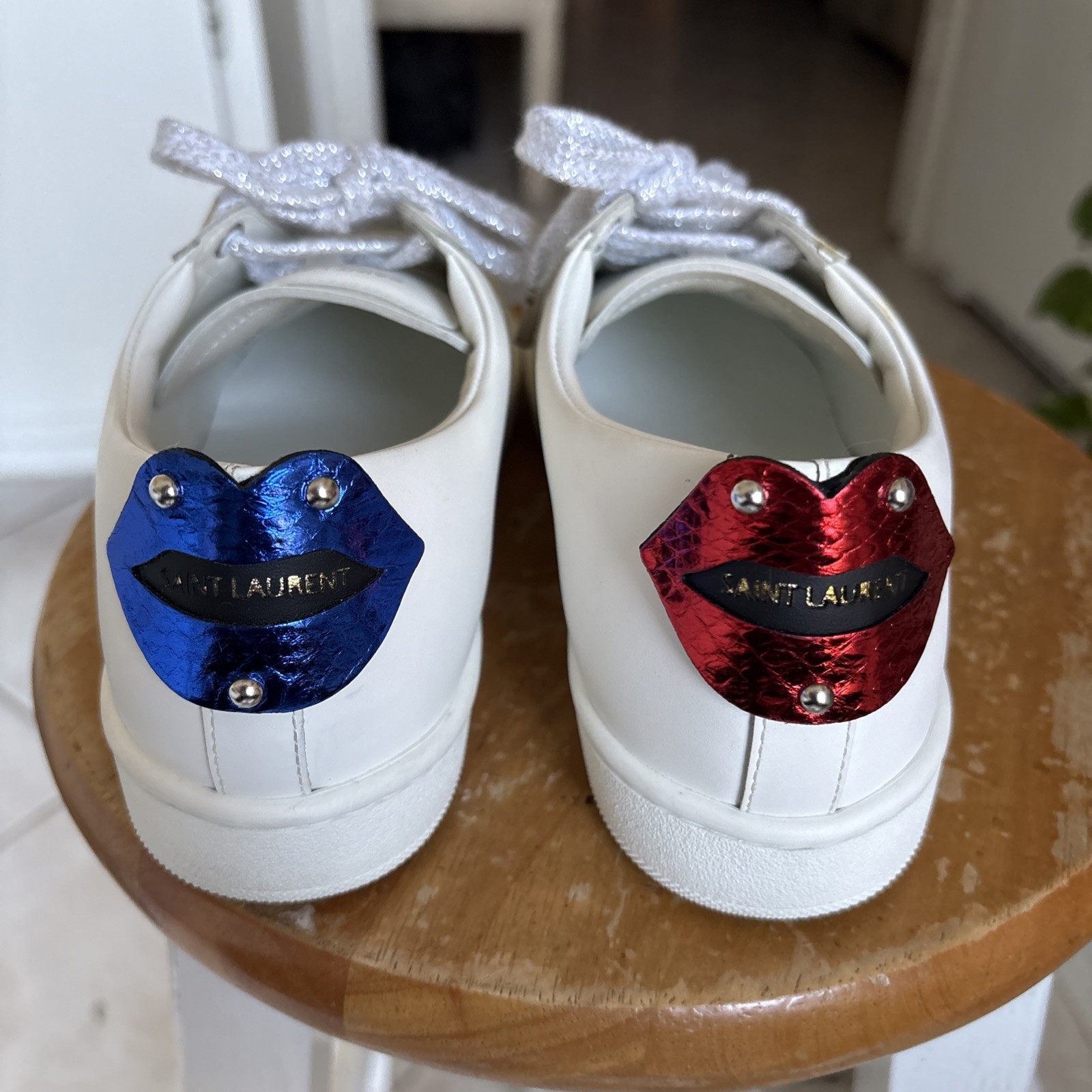 Saint Laurent DE 484928 Sneakers Bianco Pelle Blu Rosso Labbra Schienale Donna Tg 36