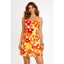 Retro Floral Midi Dress Womens Medium Orange Yellow 70s Flower Power Dopamine
