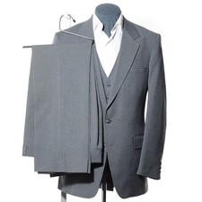42L Long Vtg Sears Gray Pinstriped Poly 3-Piece Suit 35x32 Trousers Jacket Vest