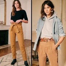 Sezane Austin Paperbag Trousers Camel/Tan Organic Cotton Waist Tie Belt Size S