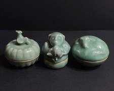 Japanese Celadon Zodiac Ox Monkey Rooster Kogo Set by Kato Keizan II