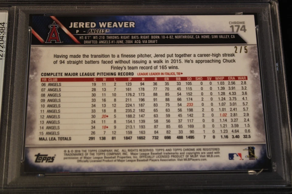 Topps 2016 cromo - edición zafiro - dorado - Jered Weaver 2/5 - PSA GEMA COMO NUEVO 10 Foto 4 de 4