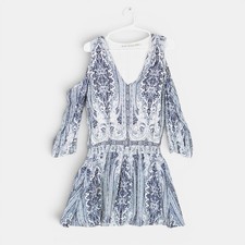 Alice + Olivia  Paisley Print Mini Dress Womens Size 4 Blue White Off Shoulder