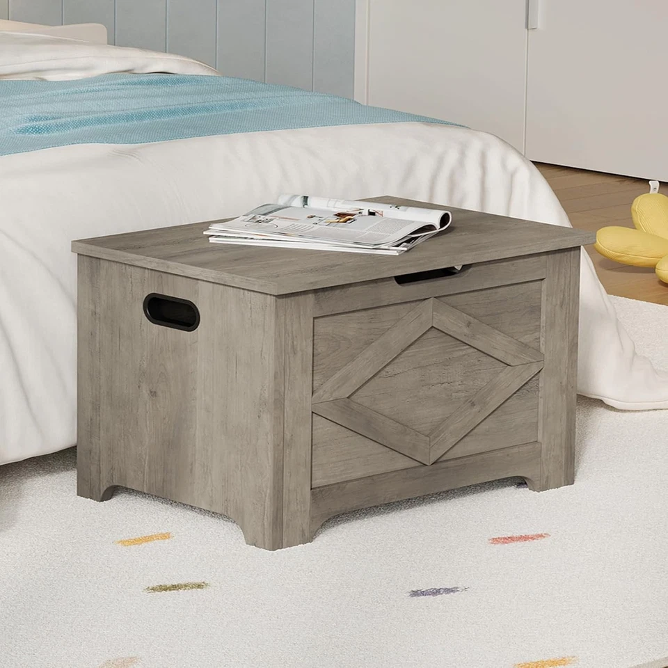 Cofre de almacenamiento Banco de almacenamiento de madera con bisagras de seguridad Cofre de juguete para dormitorio Foto 4 de 4