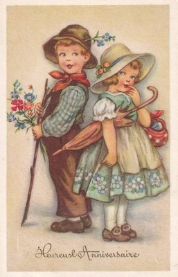 KÜNSTLER-AK GEBURTSTAG 1950er Amag, Kinderpaar in Tracht, Hüte, Junge + Mädchen