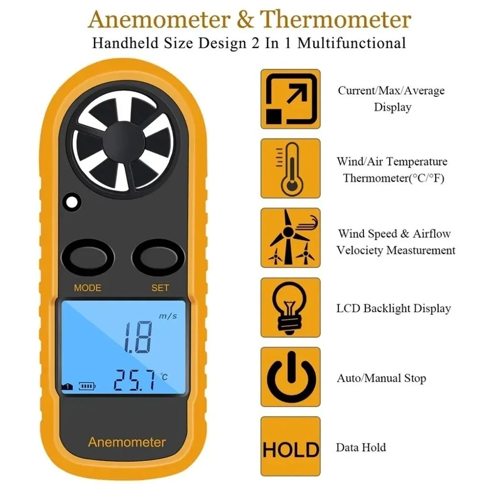 Digital Anemometer Air Flow Meter LCD Wind Speed Gauge Handheld Thermometer - Image 3 of 4