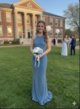 Cache Y2K blue beaded silk ethereal mermaidcore prom whimsical evening gown L