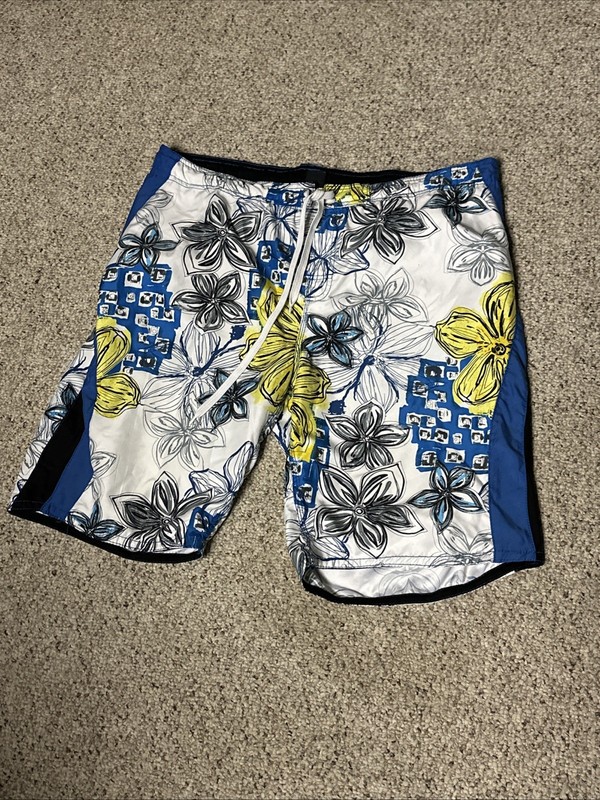 Burnside Men’s Swim Shorts, Size L Quite With Blue And Yellow Floral Design