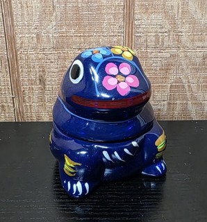 Hand Painted Mexican Folk Art Frog Trinket Box Blue Ceramic Decorative Pottery