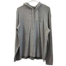 Vince Mens Gray Navy Stripe Long Sleeve Knit Hoodie Sweater Size L Cozy Casual