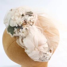Vtg Blusher Wedding Veil with Millinery Floral Headband Headpiece Flowers 1940s