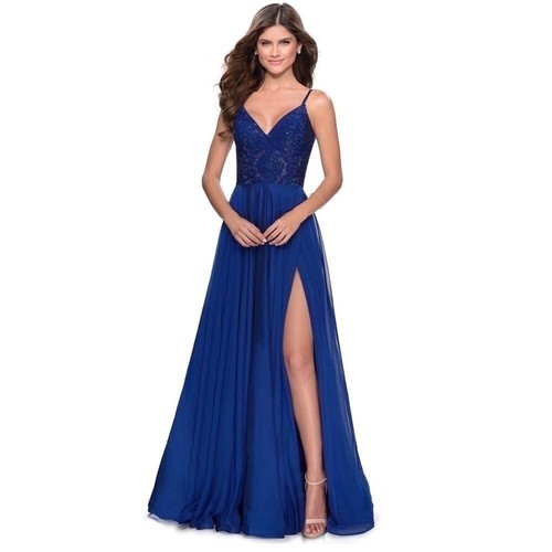 La Femme Sparkle Lace Chiffon Gown Dress Marine Blue Sleeveless Long Designer - Picture 2 of 13