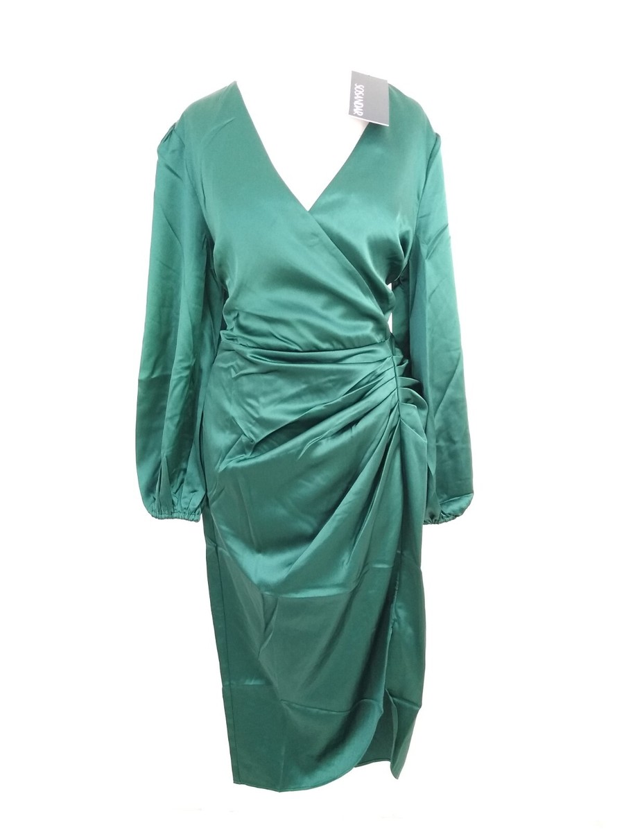 Sosandar Satin Wrap Front Ruched Front Mini Dress In Green Size 12